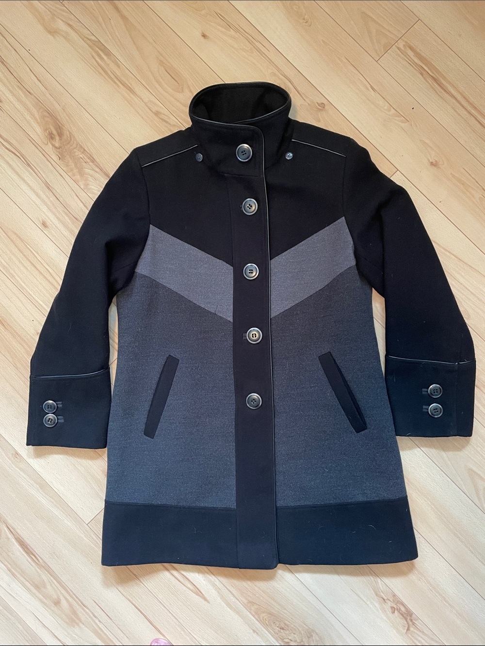 Women's Black & Gray Chevron Panel Pea Coat Sz 8